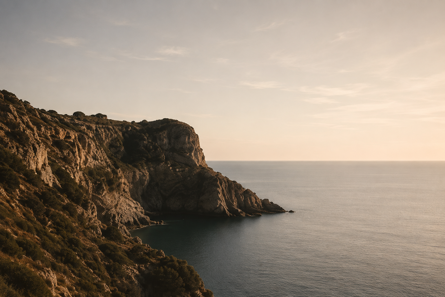 A scenic coastal landscape with rocky cliffs on the left and calm sea under a pale sky, photographed in warm golden-hour light.